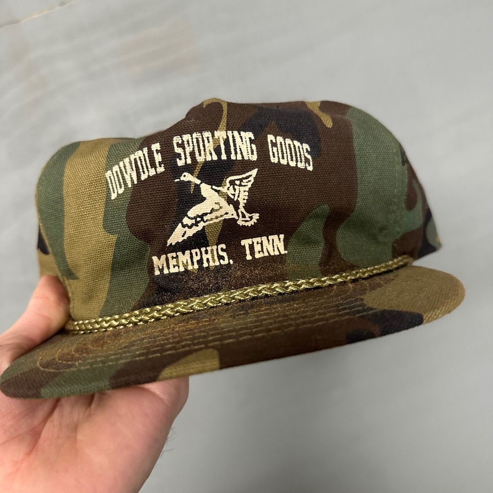 Vintage San Sun‎ Camo Snapback Hat Dowdle Sporting Goods Memphis Duck Rope Cap